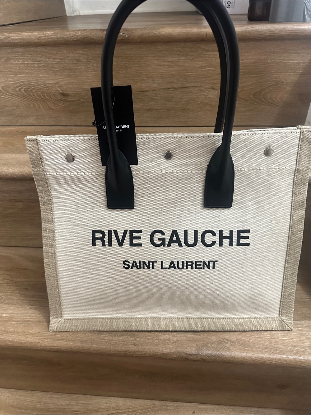 Saint Laurent Natural Canvas Rive Gauche Tote with Black Handles